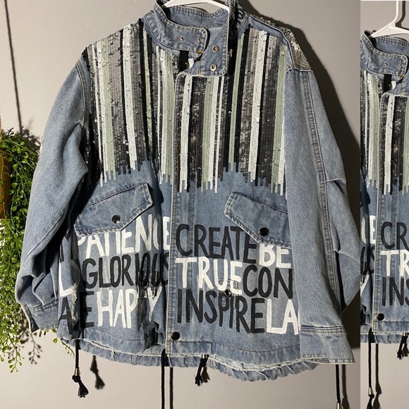 Like New Wren & Glory Sequin Embellished Jean Jacket M - Picture 3 of 7